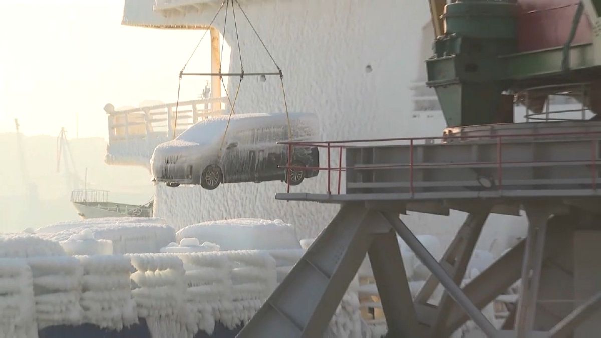 Tiefgefrorene Autos werden im Hafen von Wladiwostok entladen