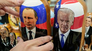 Traditional Russian wooden dolls of Russian President Vladimir Putin and US President Joe Biden at a souvenirs store in Moscow, Russia, on Dec. 6, 2021. 