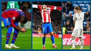 De g. à dr. : Ousmane Dembélé (FC Barcelone), Antoine Griezmann (Atlético) et Luka Modric (Real Madrid) - photos d'archives