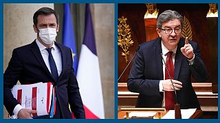 Archives : le ministre français de la Santé Olivier Véran (à g.) / Le chef du parti La France Insoumise Jean-Luc Mélenchon (à dr.)
