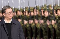 Serbia's President Aleksandar Vučić reviews the honour guard during a welcoming ceremony at the army barracks near Belgrade