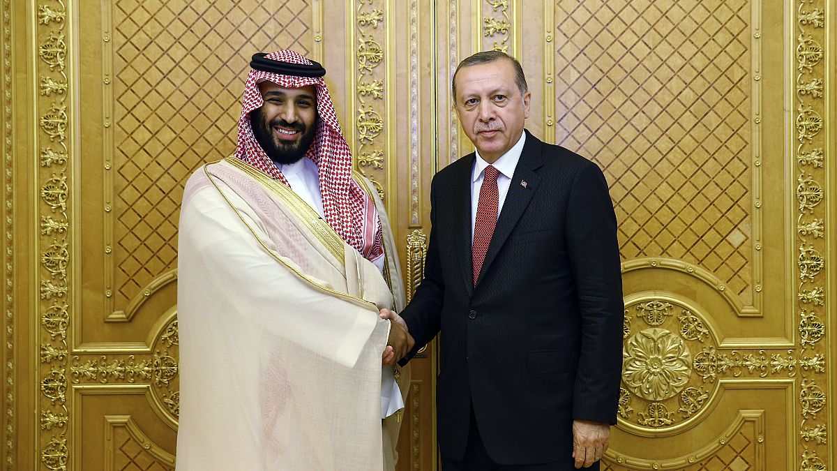  الرئيس التركي رجب طيب أردوغان يصافح الأمير السعودي محمد بن سلمان