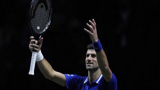 Serbia's Novak Djokovic after defeating Croatia's Marin Cilic during their Davis Cup tennis semi-final match at Madrid Arena in Madrid, Spain, on Dec. 3, 2021.