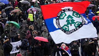 Environmental protesters stand on the highway during a protest in Belgrade, Serbia, on Dec. 11, 2021.