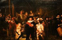 View of Rembrandt's biggest painting the Night Watch showing the ripple in the painting in the top left corner, in Amsterdam, Netherlands, Wednesday, June 23, 2021