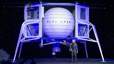 Amazon CEO Jeff Bezos announces Blue Moon, a lunar landing vehicle for the Moon, during a Blue Origin event in Washington, DC, May 9, 2019. Amazon CEO Jeff Bezos announces Blue Moon, a lunar landing vehicle for the Moon, during a Blue Origin event in Washington, DC, May 9, 2019.