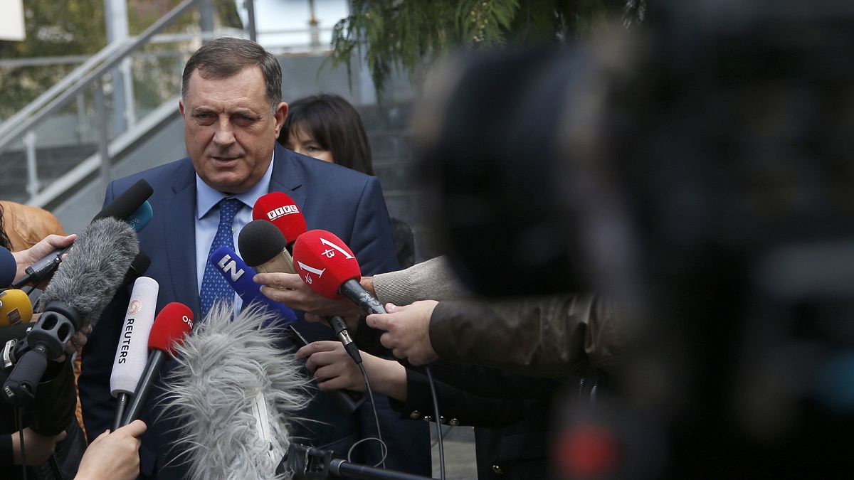 President of the Republic of Srpska Milorad Dodik speaks to journalists in 2018