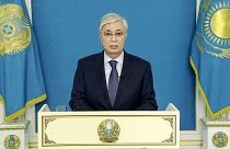 In this image taken from an official video, President Kassym-Jomart Tokayev addresses the nation on TV from Nur-Sultan, Kazakhstan, Jan. 5, 2022.
