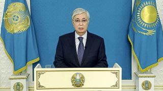 In this image taken from an official video, President Kassym-Jomart Tokayev addresses the nation on TV from Nur-Sultan, Kazakhstan, Jan. 5, 2022.