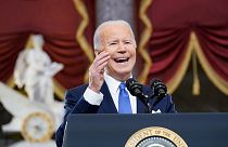 President Joe Biden speaks from Statuary Hall at the U.S. Capitol to mark the one year anniversary of the Jan. 6 riot at the Capitol by Donald Trump supporters, Jan. 6, 2021.