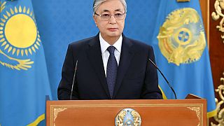 El presidente de Kazajistán Kasim-Yomart Tokáyev en su discurso a la nación, Nursultán, Kazajistán 7/1/2022