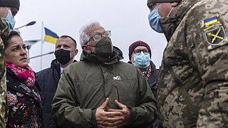 European Union foreign policy chief Josep Borrell during his visit to the Ukrainian border with Russia in the Luhansk region, Ukraine, Wednesday, Jan. 5, 2022.