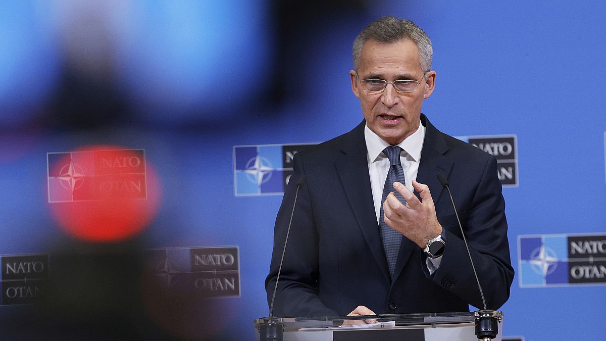 NATO Secretary General Jens Stoltenberg speaks after a video link meeting of NATO Foreign Affairs Ministers at NATO HQ, in Brussels, Friday, Jan. 7, 2022.