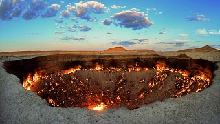 The crater fire named "Gates of Hell" is seen near Darvaza, Turkmenistan, Saturday, July 11, 2020.