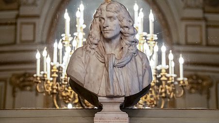 This photograph taken on December 14, 2021 shows the bust of French playwright Moliere, at the Comedie Francaise, national theatre, in Paris.