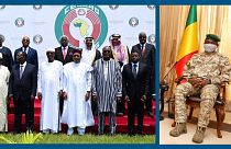 A g. : dirigeants oust-africains lors d'un sommet à Ouagadougou le 14/09/2019 / A dr. : le Col. Assimi Goïta, président de la transition malienne, à Bamako le 24/10/2021