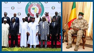 A g. : dirigeants oust-africains lors d'un sommet à Ouagadougou le 14/09/2019 / A dr. : le Col. Assimi Goïta, président de la transition malienne, à Bamako le 24/10/2021