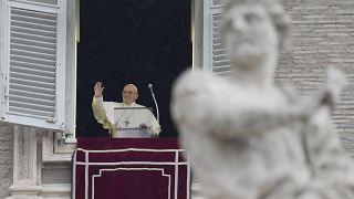 Pope Francis delivers the Angelus noon prayer in St.Peter's Square, at the Vatican, Sunday, Jan. 9, 2022.