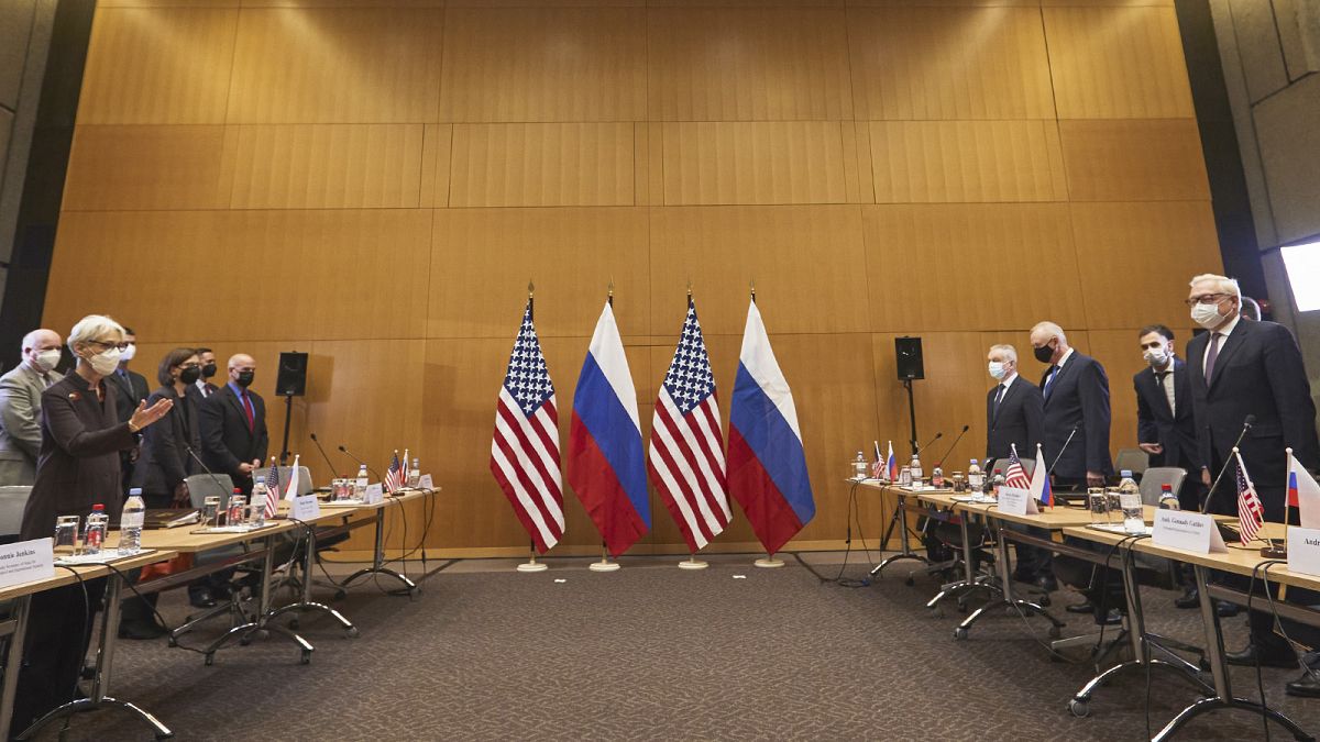 US Deputy Secretary of State Wendy Sherman, left, and Russian deputy Foreign Minister Sergei Ryabkov, right, attend security talks at the United States Mission at the United S