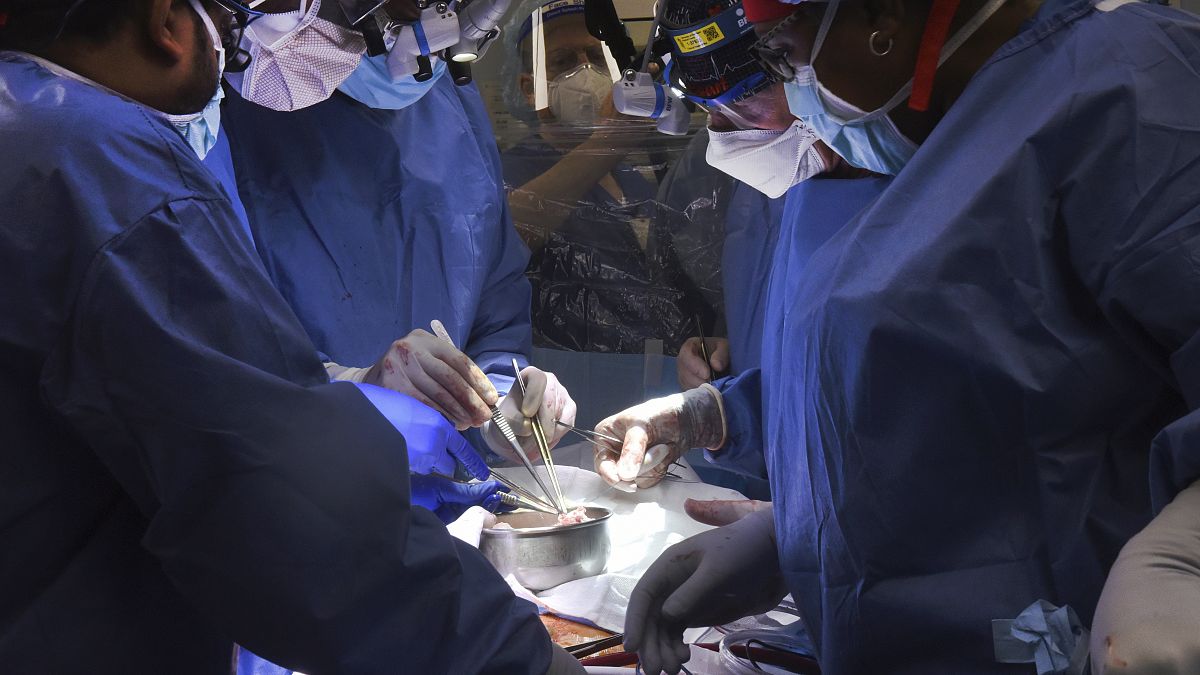Хирурги медицинского факультета Мэрилендского университета проводят операцию по пересадке серца свиньи человеку, 7 января 2022 г.