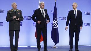 NATO Sec-Gen Jens Stoltenberg welcomes Russia's Deputy Foreign Minister Alexander Grushko & Russia's Deputy Defense Minister Alexander Fomin in Brussels, Wednesday Jan 12 2022