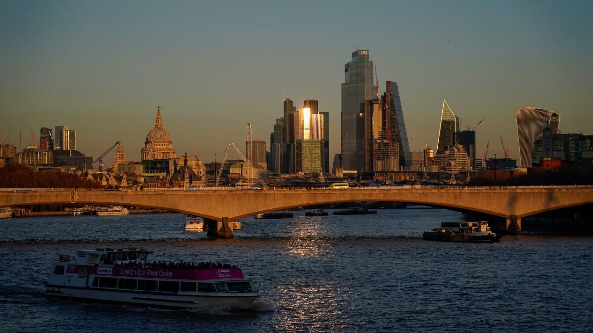 The skyline of the financial district known as The City, as the sun sets in London, Tuesday, Nov. 23, 2021.