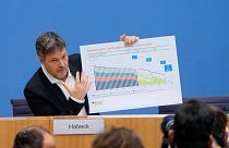 German Climate Minister Robert Habeck shows a cardboard with a graphic about the development of greenhouse gas emissions in Germany in Berlin, Germany, Tuesday, Jan. 11, 2022.