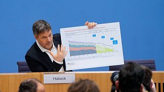 German Climate Minister Robert Habeck shows a cardboard with a graphic about the development of greenhouse gas emissions in Germany in Berlin, Germany, Tuesday, Jan. 11, 2022.