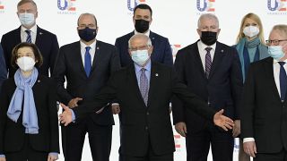 European Union foreign policy chief Josep Borrell gestures as he poses during a group photo of EU defence ministers in Brest, France, Thursday, Jan. 13, 2022.