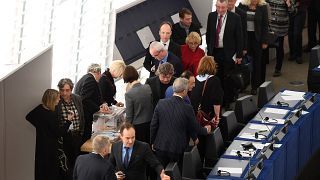 Members of the European Parliament queue to cast their ballot during the vote of the new President in 2017