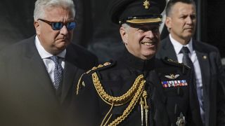 Britain's Prince Andrew, center, attend a memorial ceremony to mark the 75th anniversary of the liberation from German occupation in Bruges, Belgium, Sept. 7, 2019.