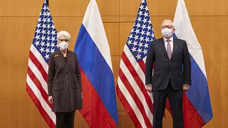 US Deputy Secretary of State Wendy Sherman, left, and Russian deputy foreign minister Sergei Ryabkov attend security talks at the United States Mission in Geneva, Switzerland.