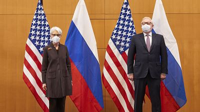 US Deputy Secretary of State Wendy Sherman, left, and Russian deputy foreign minister Sergei Ryabkov attend security talks at the United States Mission in Geneva, Switzerland.