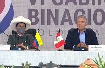 Los presidentes de Perú, Pedro Castillo, y Colombia, Iván Duque, durante la rueda de prensa que mantuvieron en Villa de Leyva, en el centro de Colombia.