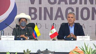 Los presidentes de Perú, Pedro Castillo, y Colombia, Iván Duque, durante la rueda de prensa que mantuvieron en Villa de Leyva, en el centro de Colombia.