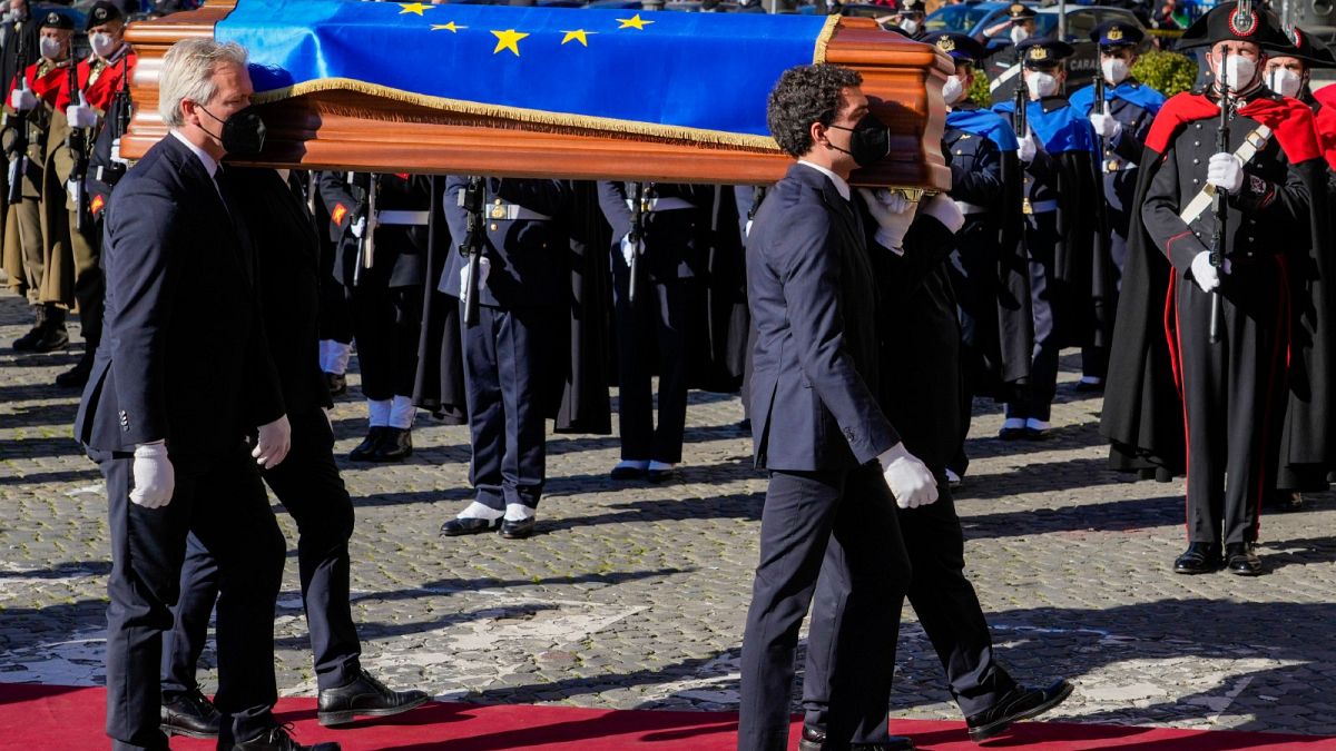 The coffin of late EU Parliament President David Sassoli arrives for the state funerals at Santa Maria degli Angeli Basilica in Rome, Jan. 14, 2022.