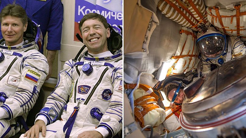 Amerikai és orosz űrhajósok indulás előtt / és után a Szojuz TMA20M leszálló egységében