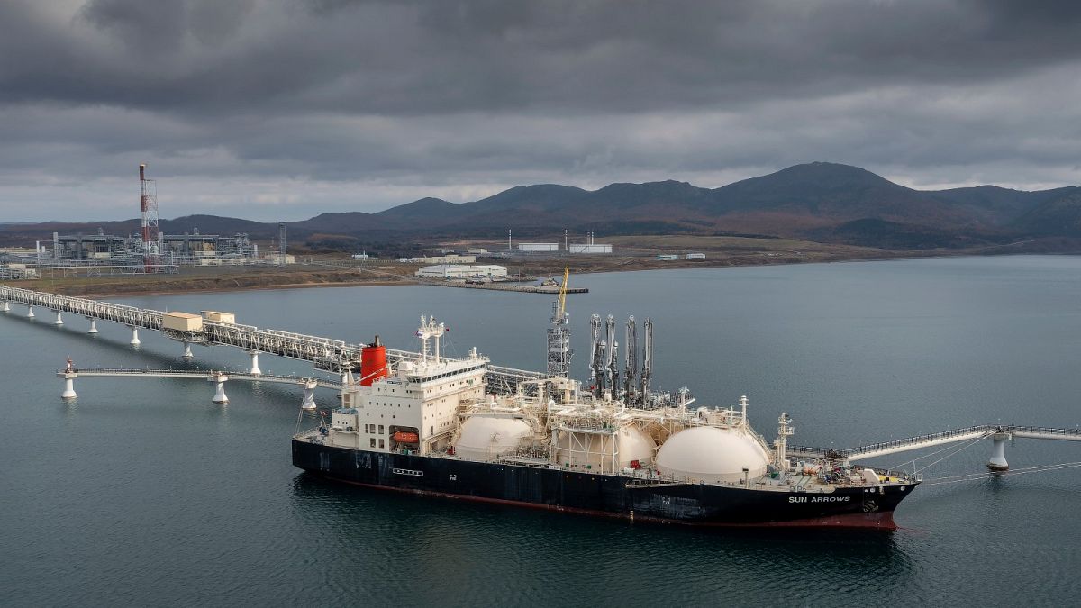 The tanker Sun Arrows loads its cargo of liquefied natural gas from the Sakhalin-2 project in the port of Prigorodnoye, Russia, on Friday, Oct. 29, 2021.