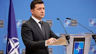 Ukraine's President Volodymyr Zelenskyy at NATO headquarters in Brussels, Dec. 16, 2021. 