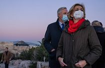 Les Republicains candidate for the French presidential election, Valerie Pecresse, right, stands at the Philopappos hills in Athens, 14 January 2022.