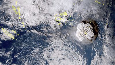 In this satellite image taken by Himawari-8, a Japanese weather satellite, and released by the agency, shows an undersea volcano eruption at the Pacific nation of Tonga.