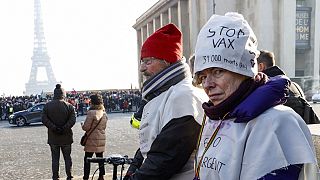 Manifestation anti pass sanitaire, qui va devenir un pass vaccinal, à Paris le 15 janvier 2022, France