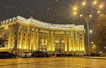 The building of Ukrainian Foreign Ministry is seen during snowfall in Kyiv