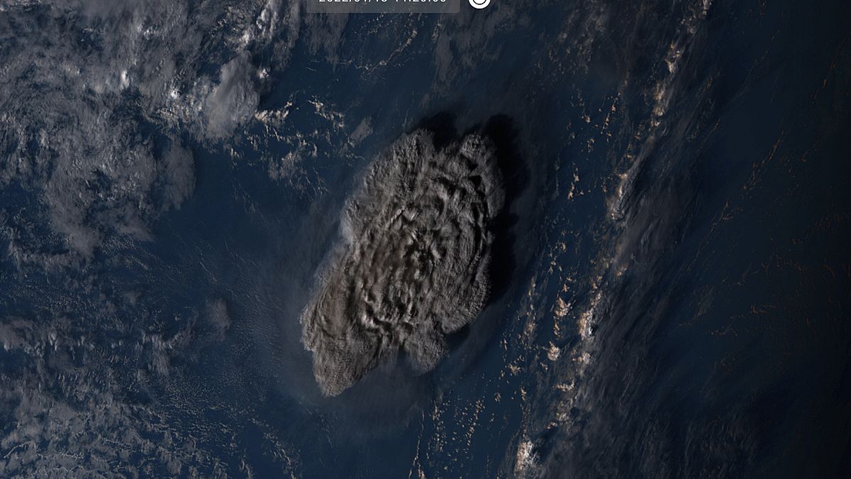 This satellite image taken by Himawari-8, a Japanese weather satellite, shows an undersea volcano eruption at the Pacific nation of Tonga Saturday, 15 Jan. 2022. 