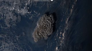 This satellite image taken by Himawari-8, a Japanese weather satellite, shows an undersea volcano eruption at the Pacific nation of Tonga Saturday, 15 Jan. 2022. 