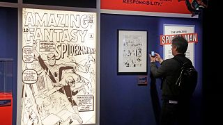 The original art for the Spiderman origin story is displayed during the US exhibit 'Marvel: Universe of Super Heroes'