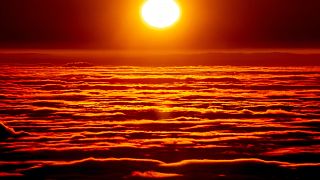 الشمس تشرق فوق الضباب الكثيف الذي يغطي مدينة فرانكفورت الألمانية. 2022/01/14.