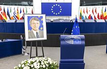 Portrait de l'Italien David Sassoli, président du parlement européen, décédé le 11 janvier 202 - Photo prise dans l'enceinte du parlement européen de Strasbourg, le 17/01/2022
