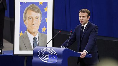 El presidente de Francia, Emmanuel Macron, durante su discurso de homenaje al fallecido presidente de la Eurocámara, David Sassoli