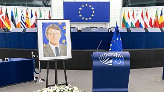 A portrait of late EU Parliament President David Sassoli is on display at the European Parliament, in Strasbourg, eastern France, Monday, Jan 17, 2022